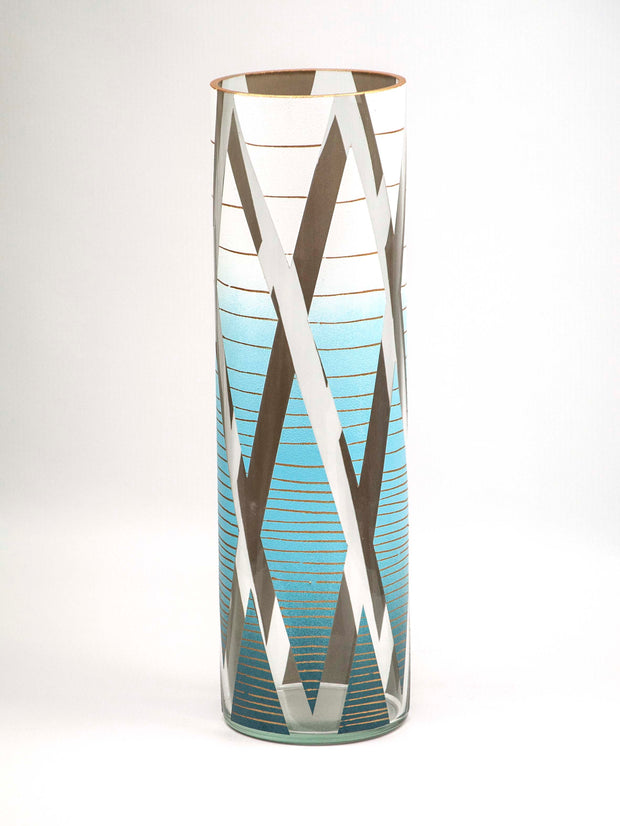 Blue rhombus decorated  glass vase