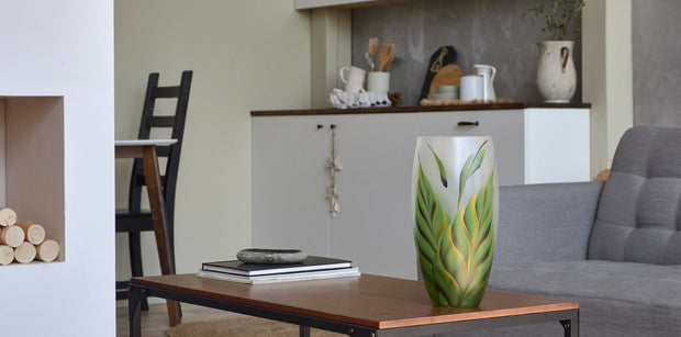 Handpainted Green Leaves Glass Vase