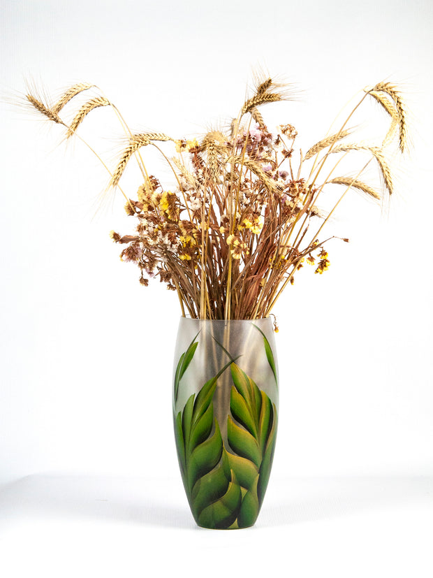 Handpainted Green Leaves Glass Vase