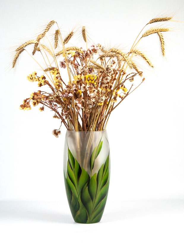 Handpainted Green Leaves Glass Vase