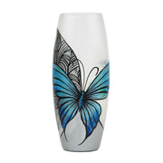 Blue Butterfly Painted Art Glass Oval Vase