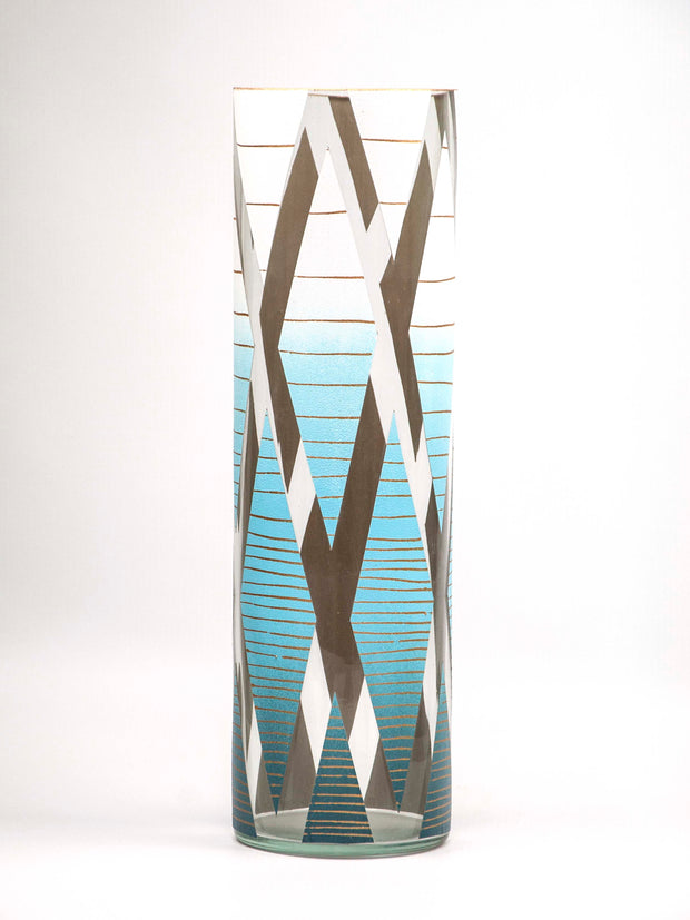 Blue rhombus decorated  glass vase