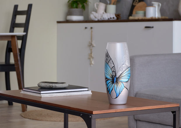 Blue Butterfly Painted Art Glass Oval Vase