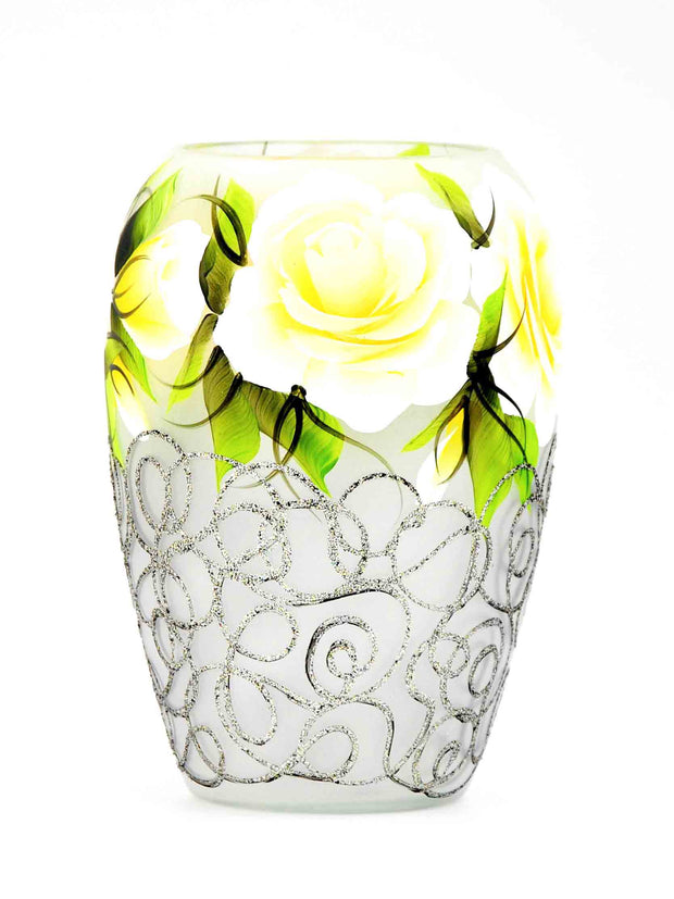 Yellow Flowers Handpainted Glass Vase