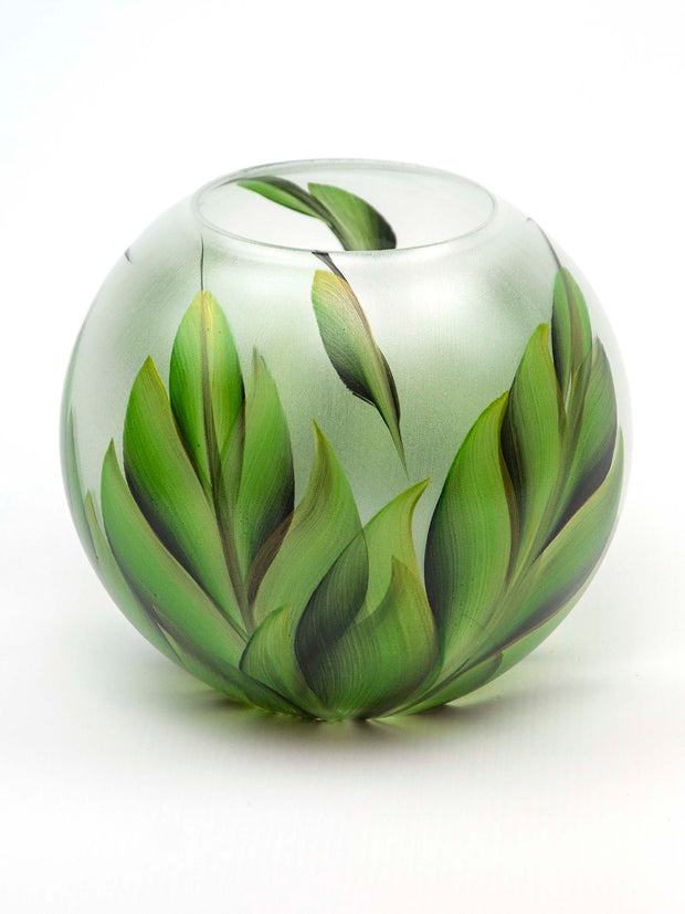 Green Leaves Handpainted Glass Vase