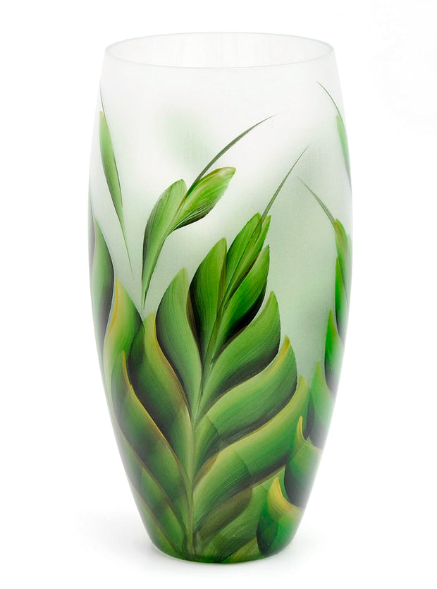 Handpainted Green Leaves Glass Vase