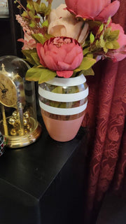 Pink And White Striped Handpainted Glass Vase