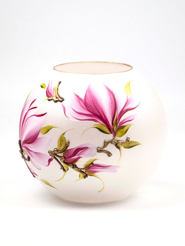 Handpainted Glass Vase | Painted Pink Flowers Art Glass Round Vase | Interior Design Home Room Decor | Table vase 6 inch