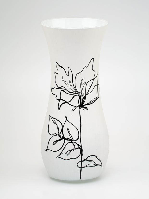 Black White Leaves Handpainted Glass Vase