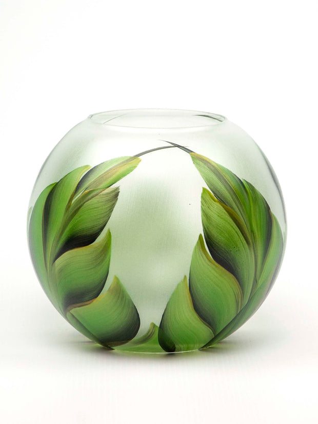 Green Leaves Handpainted Glass Vase