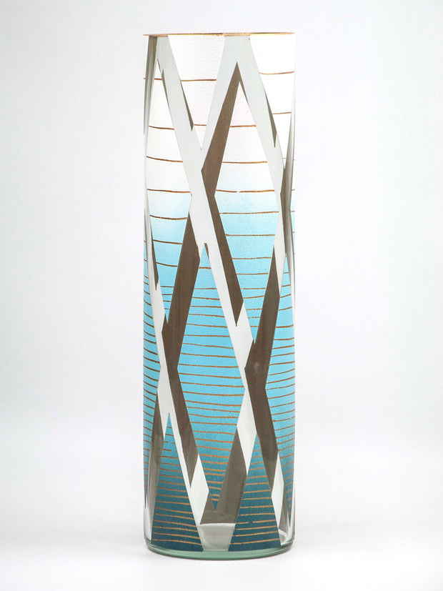 Blue rhombus decorated  glass vase