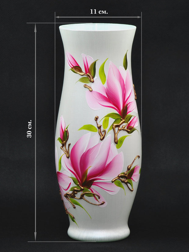 Pink And Green Flowers Handpainted Glass Vase