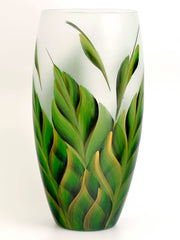 Handpainted Green Leaves Glass Vase